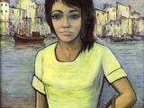 tableau représentant une femme vêtue d'un t-shirt jaune et d'une jupe noire au bord d'un plan d'eau