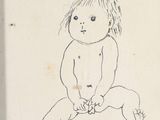 dessin représentant un bébé assis par terre, un jouet à la main
