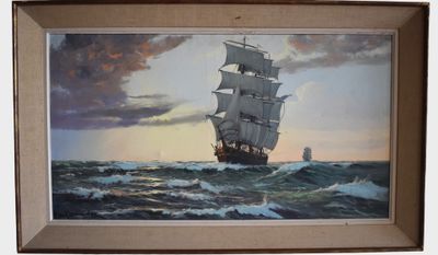 painting of a sailing ship in the ocean with a sunset in the background
