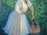an oil painting of a woman in a white dress holding a jug
