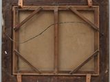an old picture of a wooden frame with a wire hanging from it