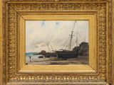 a painting of a boat on a beach next to a body of water