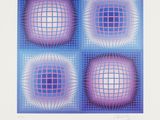 four squares of blue and pink with a grid of squares in the middle