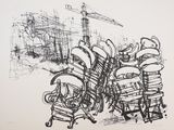dessin représentant un groupe de chaises disposées devant une grue de chantier