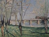 peinture représentant un tableau d'un pont enjambant une rivière, avec des arbres au premier plan