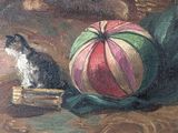 a painting of a cat and a ball on a table