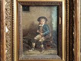 an old painting of a boy sitting on a chair holding a cat