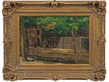 an image of a painting of a village scene with a boat in the foreground