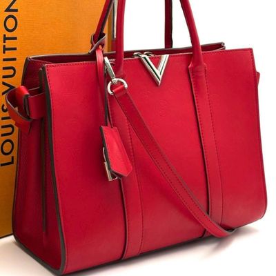 louis vu vu red leather tote bag with strap and matching box