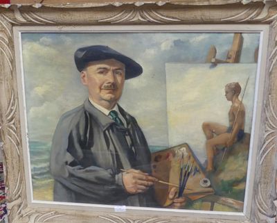un tableau représentant un homme tenant un pinceau et une palette