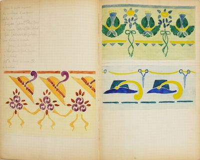an open book with drawings of birds and flowers on it