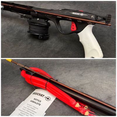 deux photos d'un fusil de chasse avec une crosse rouge et noire et une crosse noire et blanche