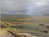 a painting of a view of a body of water