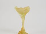 un gros plan d'un verre jaune posé sur une surface blanche