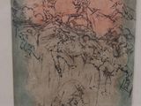 drawing of a group of people riding horses in a field