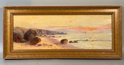 an oil painting of a beach scene with a sailboat in the distance