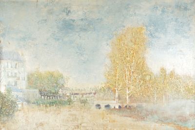 une peinture d'une rivière avec un pont à l'arrière-plan