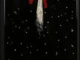a painting of a red rocket flying through the night sky