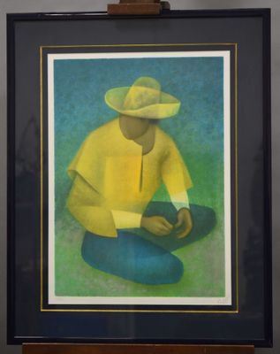 painting of a man in a yellow shirt and hat sitting on the ground