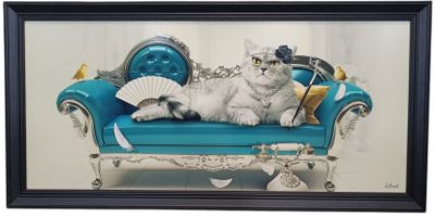tableau représentant un chat allongé sur un canapé bleu, avec un ventilateur