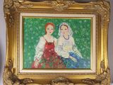 framed painting of two women in red dresses sitting on a green background