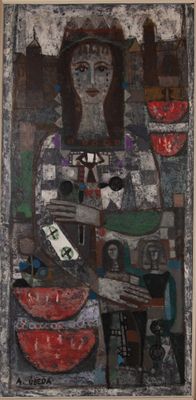 un tableau représentant une femme assise à une table devant un bol de nourriture