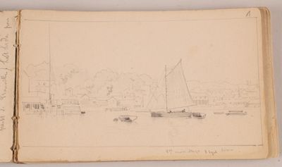 an old book with a drawing of a sailboat in the water