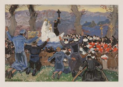 une image représentant un tableau illustrant une cérémonie de mariage dans un parc