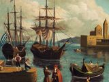 a painting of a group of people standing on a dock