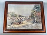 tableau représentant un pont enjambant une rivière, sur lequel marchent des personnes