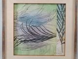 painting of a feather in a frame on a wall
