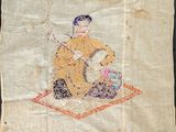 an old embroidered piece of cloth with a man playing a musical instrument