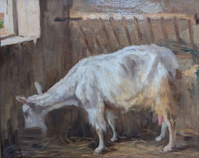 un tableau représentant une chèvre en train de manger du foin dans une grange