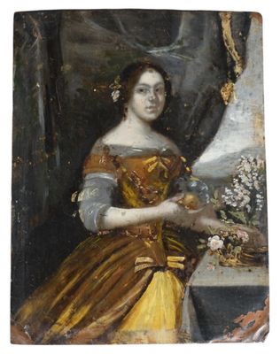 un vieux tableau représentant une femme en robe jaune tenant un oiseau