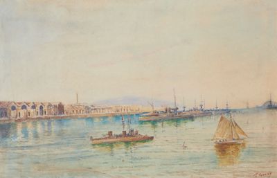 un tableau représentant des bateaux sur l'eau près d'un pont