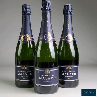 three bottles of champagne are lined up on a table