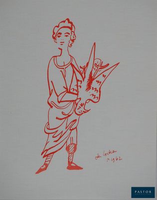 un dessin rouge représentant une femme tenant un bouquet de fleurs
