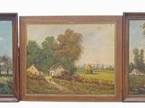 three paintings of a farm scene with cows in a field