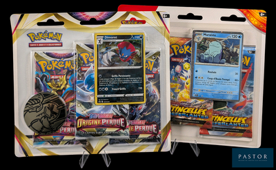Deux paquets de cartes à collectionner Pokémon sont présentés sur un fond noir.