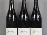 Trois bouteilles de vin sont alignées sur une table en verre