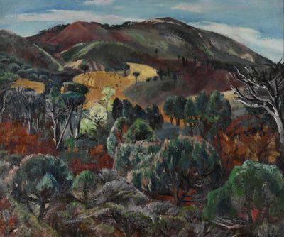 une peinture à l'huile représentant un paysage avec des collines et des arbres au premier plan