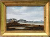 une image représentant une peinture d'une scène de plage avec des bateaux dans l'eau