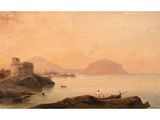 an image of a painting of a view of the ocean with a boat in the foreground