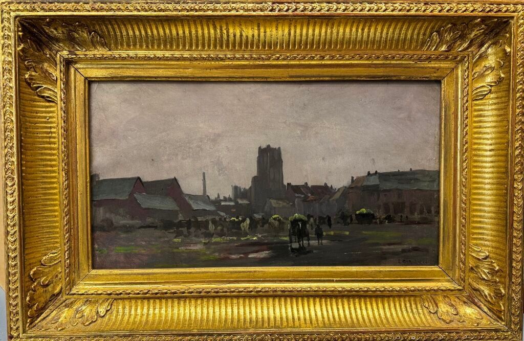 Luigi LOIR 1845-1916. Vue de ville animée. Huile sur toile 25x46 cm.