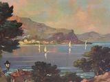 a painting of a view of a bay with sailboats in the water