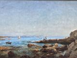 tableau représentant une vue d'une côte rocheuse avec un bateau dans l'eau