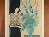 painting of a woman holding a vase of flowers in front of a window