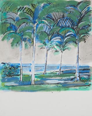 un dessin représentant un groupe de palmiers au bord de l'eau