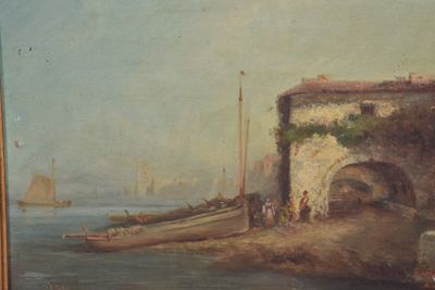 a painting of a boat on the water with a building in the background