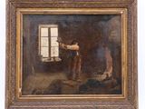 an oil painting of a man in a room with a window